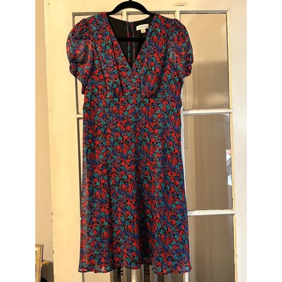 Floral Print Chiffon Calvin Klein V-Neck Short Sleeve Dress - Picture 1 of 7